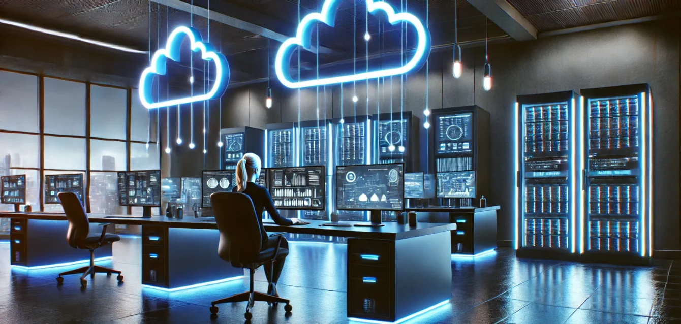 DALL·E 2024-09-30 01.58.58 - A modern, dark-themed office setup with sleek, futuristic computers and glowing cloud symbols above the desks, representing cloud services and IT mana